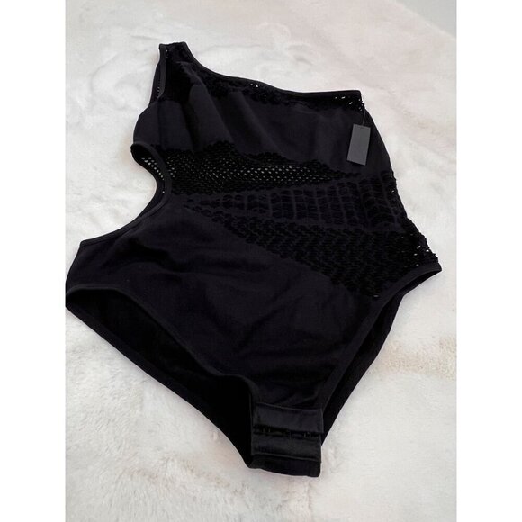 New Hauty Size O/S One-Shoulder Openwork Knit Seamless Teddy Bodysuits Black - Picture 5 of 6
